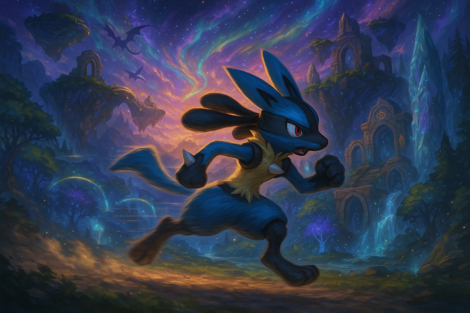 pokemon running with a mythical background